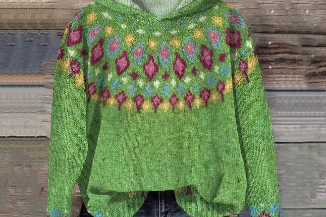 Annick - Women's Oversized Fair Isle Hooded Sweater - Green