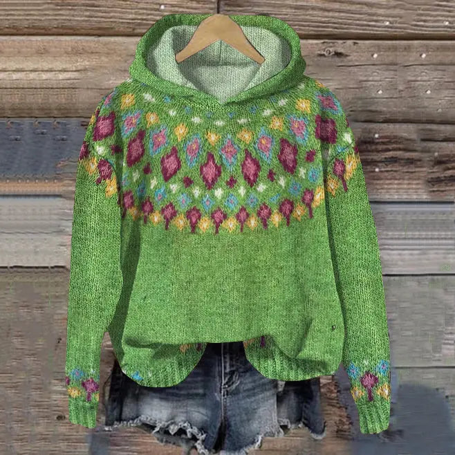 Annick - Women's Oversized Fair Isle Hooded Sweater - Green