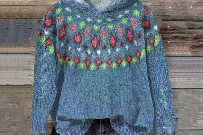 Annick - Women's Oversized Fair Isle Hooded Sweater - Blue