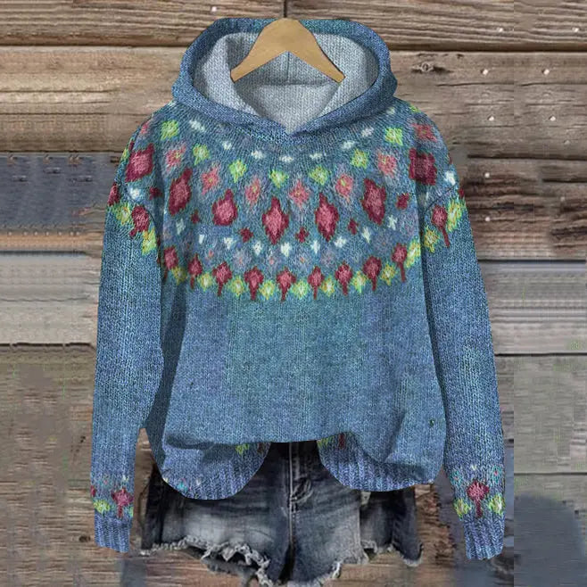 Annick - Women's Oversized Fair Isle Hooded Sweater - Blue