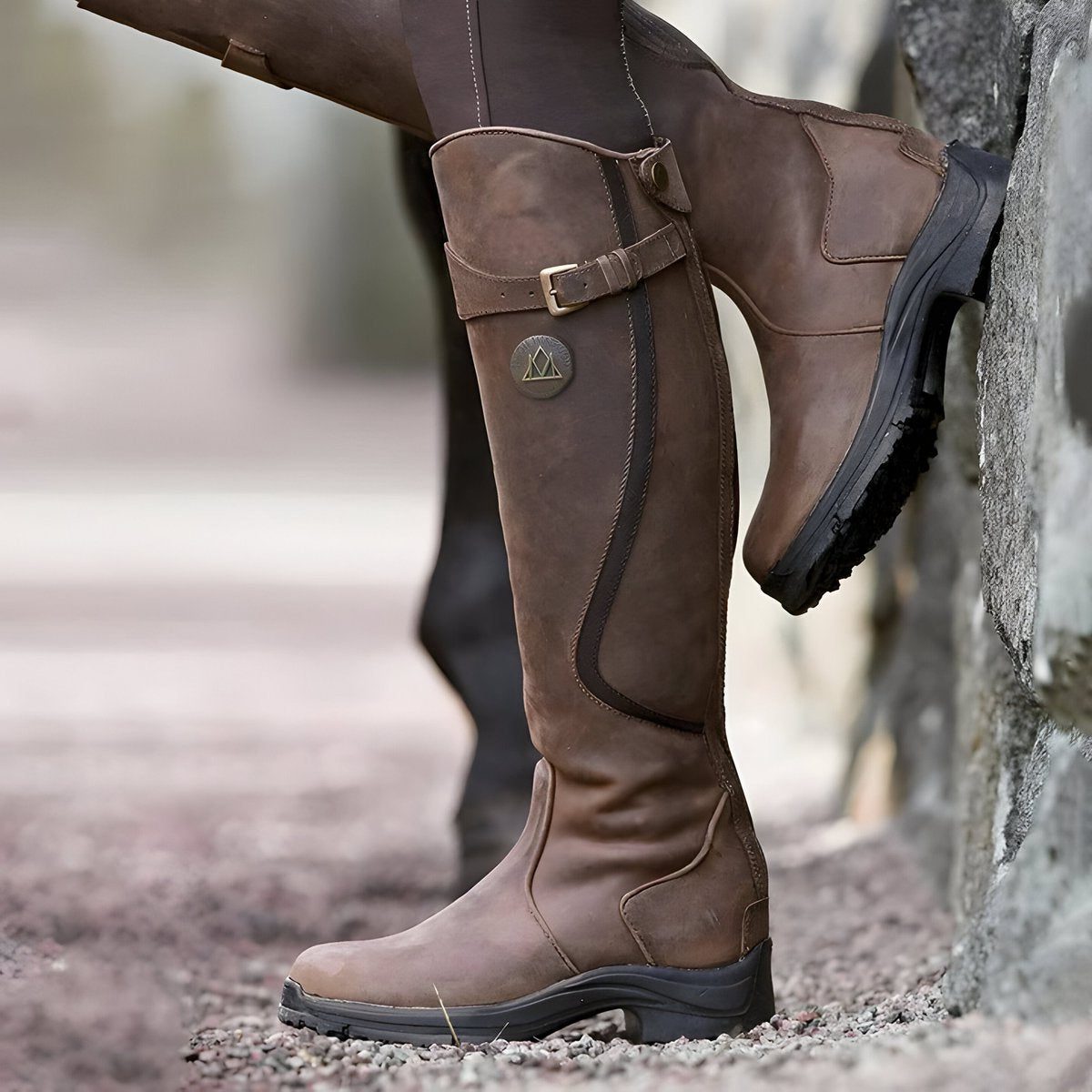 Aoibh - Women's Leather Knee-High Riding Boots with Buckle Strap - Dark Brown