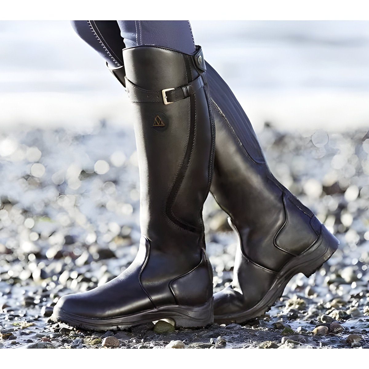 Aoibh - Women's Leather Knee-High Riding Boots with Buckle Strap - Black