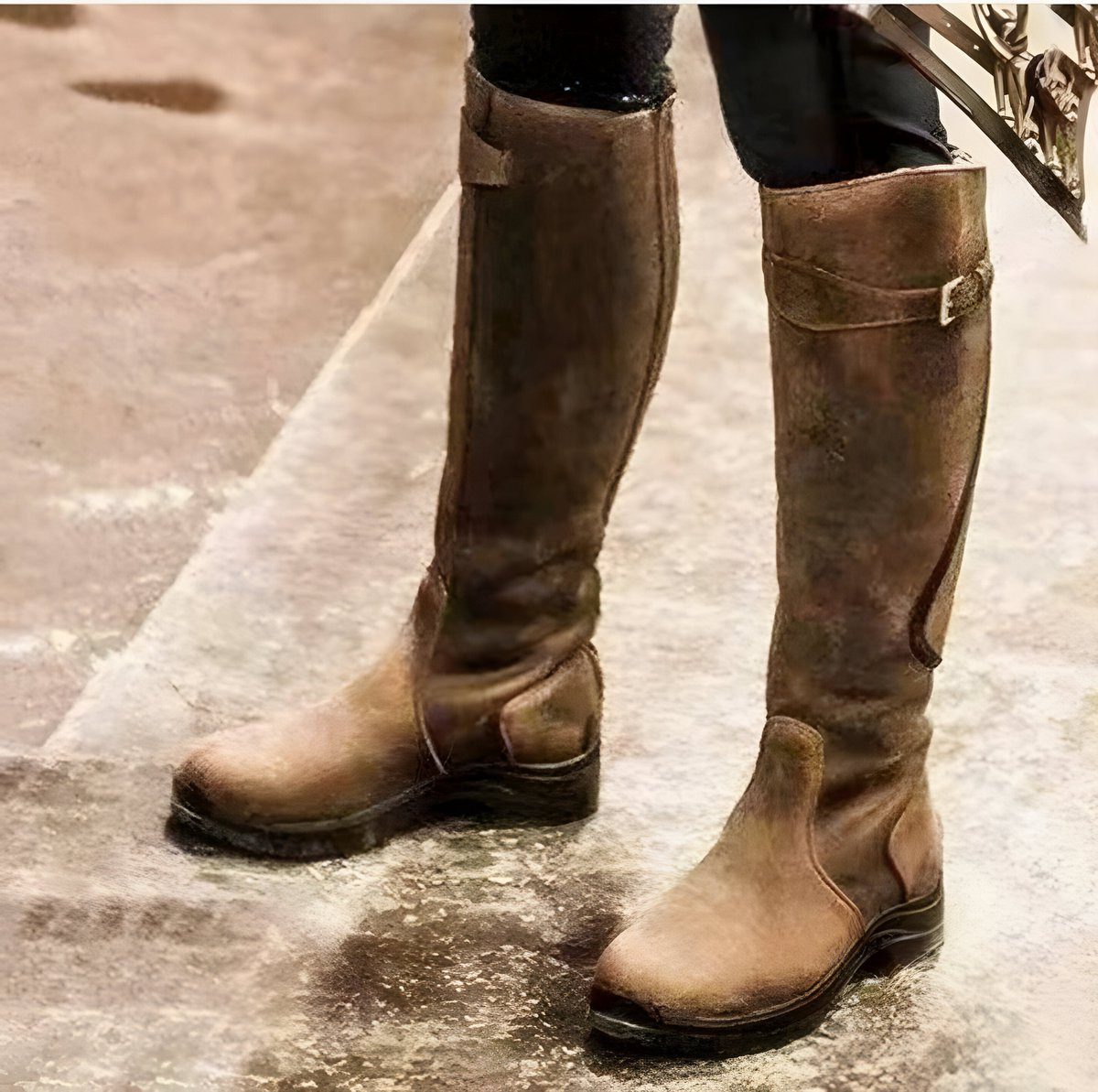 Aoibh - Women's Leather Knee-High Riding Boots with Buckle Strap - Brown