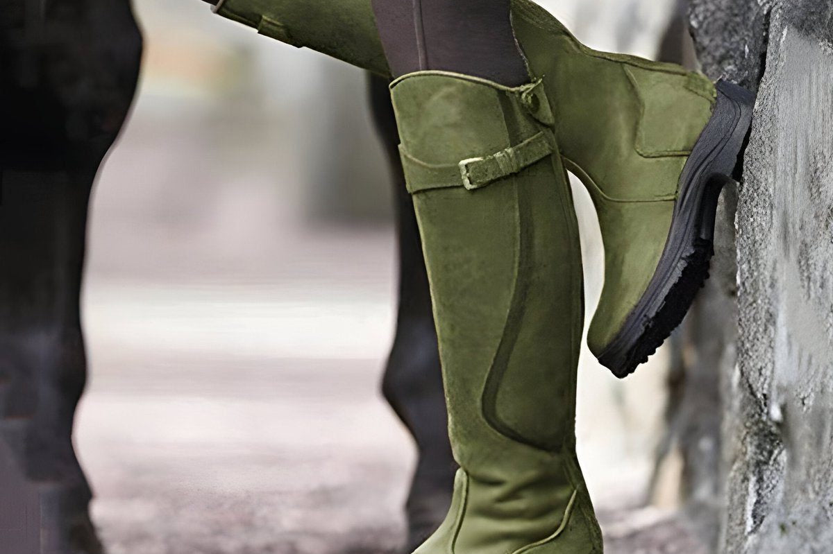 Aoibh - Women's Leather Knee-High Riding Boots with Buckle Strap - Green