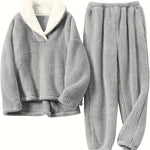 Aoife - Women's Teddy Fleece Half-Zip Lounge Set - Grey