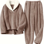 Aoife - Women's Teddy Fleece Half-Zip Lounge Set - Khaki