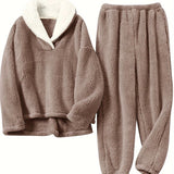Aoife - Women's Teddy Fleece Half-Zip Lounge Set - Khaki