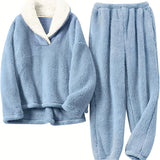 Aoife - Women's Teddy Fleece Half-Zip Lounge Set - Blue