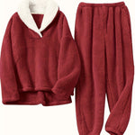 Aoife - Women's Teddy Fleece Half-Zip Lounge Set - Red