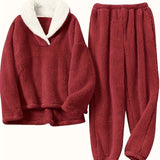 Aoife - Women's Teddy Fleece Half-Zip Lounge Set - Red