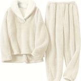 Aoife - Women's Teddy Fleece Half-Zip Lounge Set - Beige