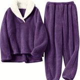 Aoife - Women's Teddy Fleece Half-Zip Lounge Set - Purple