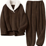 Aoife - Women's Teddy Fleece Half-Zip Lounge Set - Brown