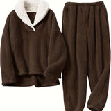 Aoife - Women's Teddy Fleece Half-Zip Lounge Set - Brown