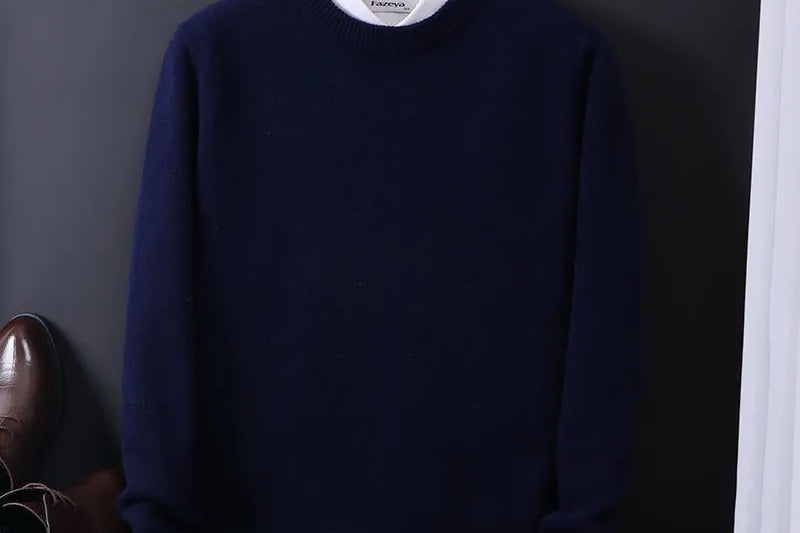 Ashton - Men's Cashmere-Blend Crew Neck Sweater with Classic Fit - Navy Blue