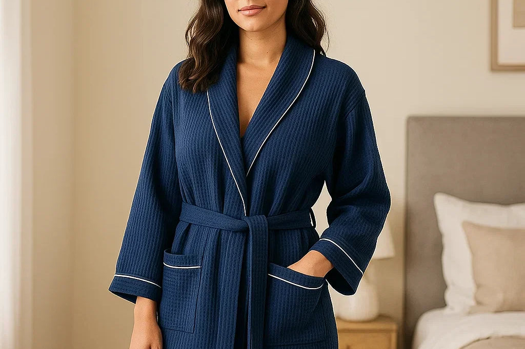 Navy blue waffle cotton robe