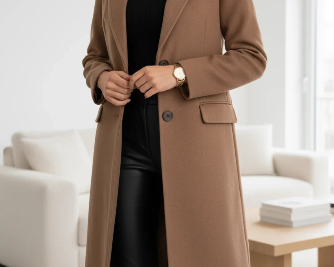 Asta - Women's Long Tailored Wool Coat - Brown