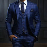 Austin - Men's Windowpane Check Three-Piece Suit Set - Navy Windowpane