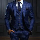 Austin - Men's Windowpane Check Three-Piece Suit Set - Navy Windowpane
