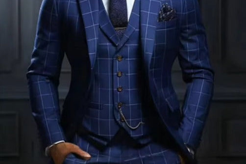 Austin - Men's Windowpane Check Three-Piece Suit Set - Navy Windowpane