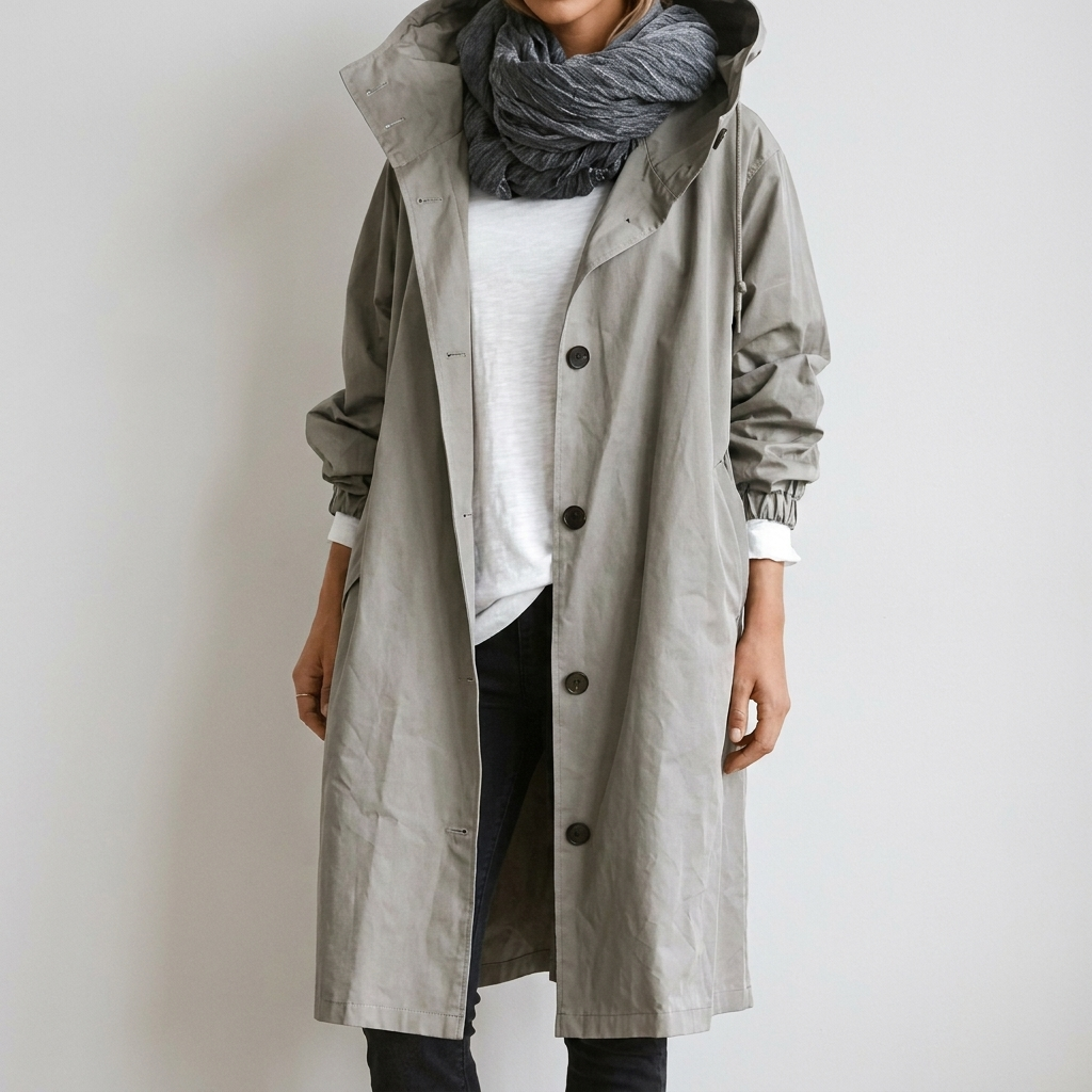 Averie - Women's Packable Hooded Rain Coat with Button Front - Gray