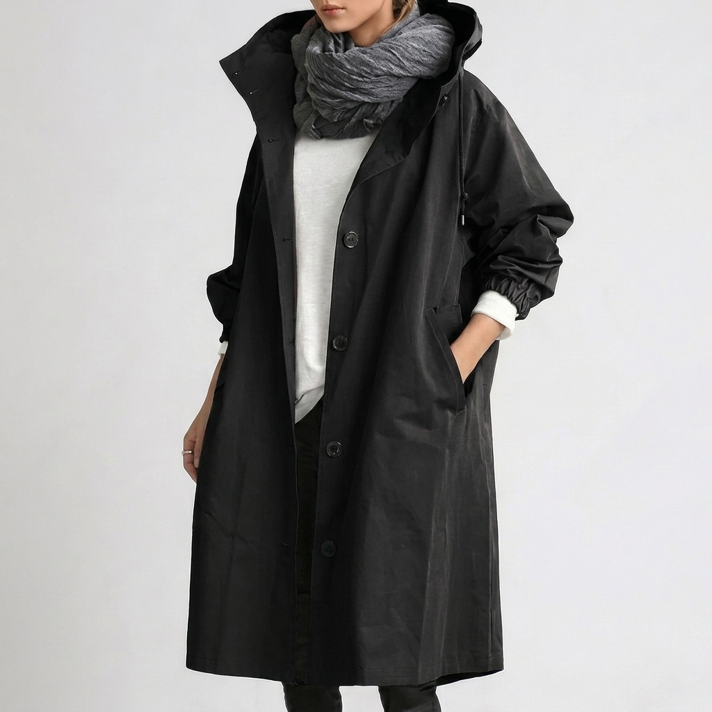 Averie - Women's Packable Hooded Rain Coat with Button Front - Black