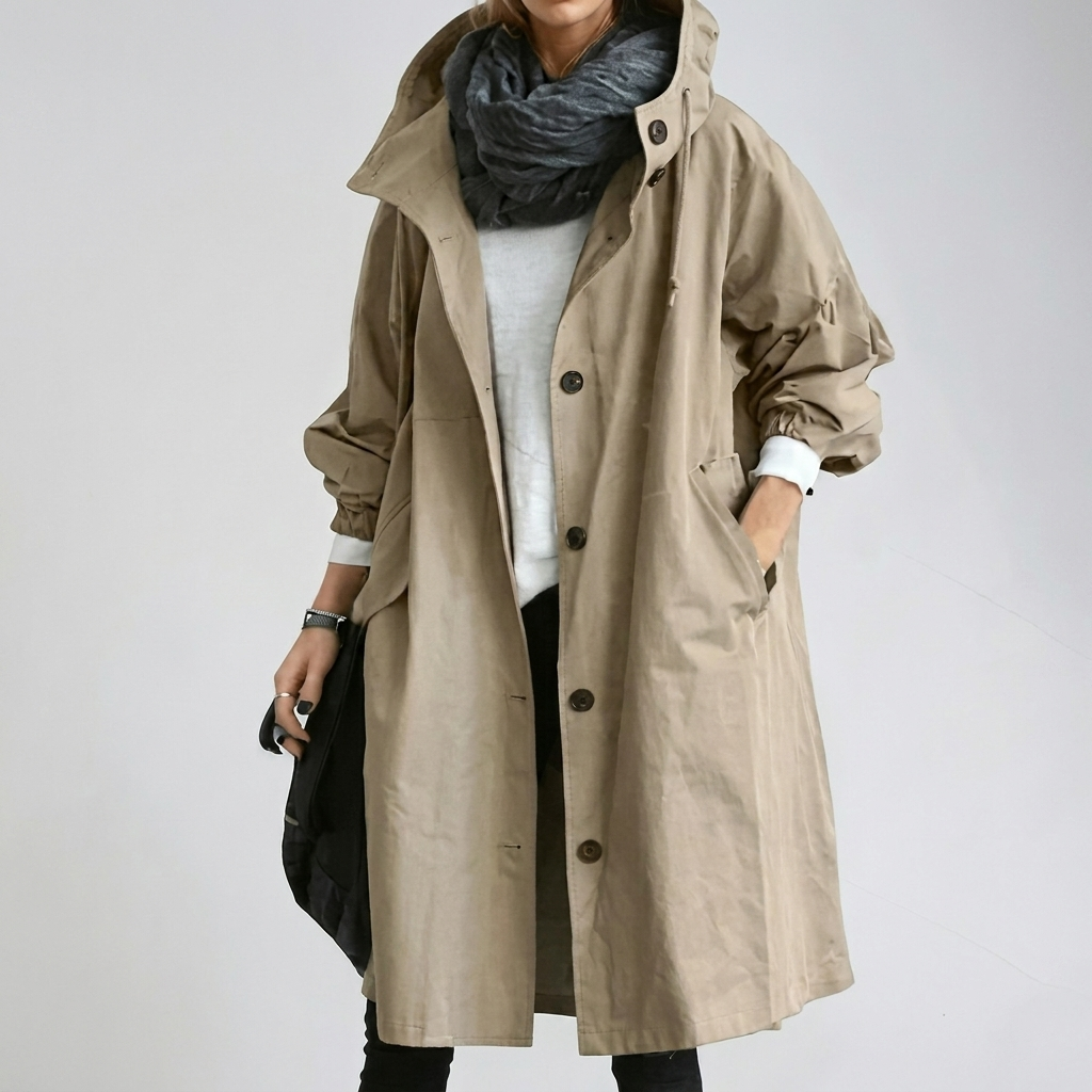 Averie - Women's Packable Hooded Rain Coat with Button Front - Khaki