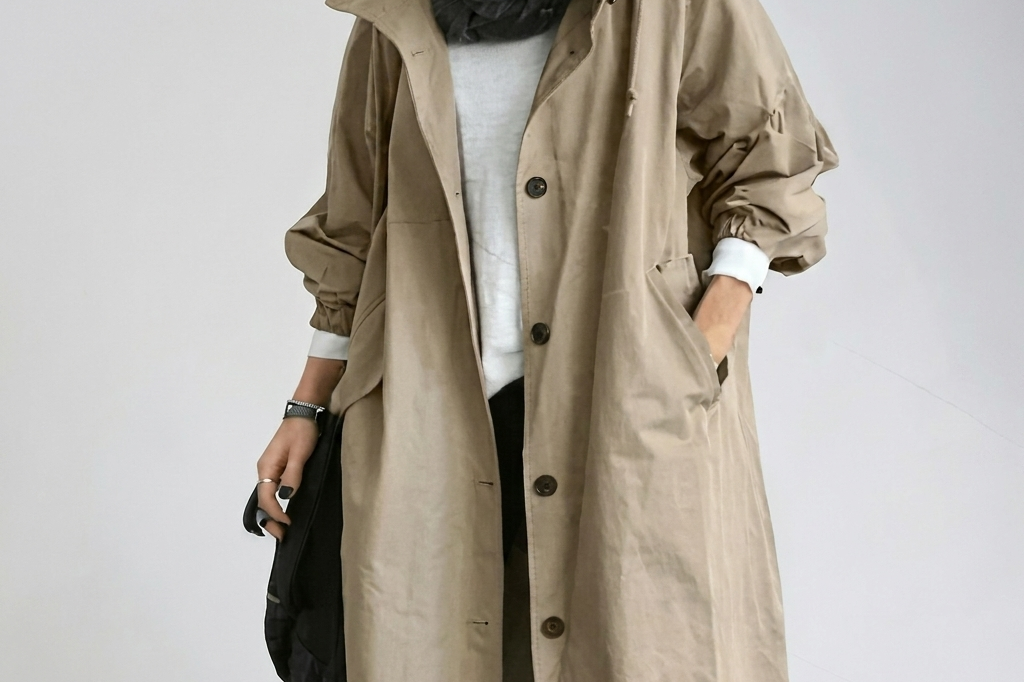 Averie - Women's Packable Hooded Rain Coat with Button Front - Khaki
