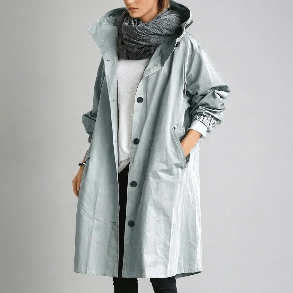 Averie - Women's Packable Hooded Rain Coat with Button Front - Blue