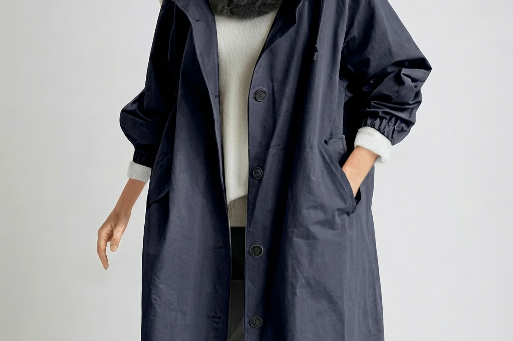 Averie - Women's Packable Hooded Rain Coat with Button Front - Navy