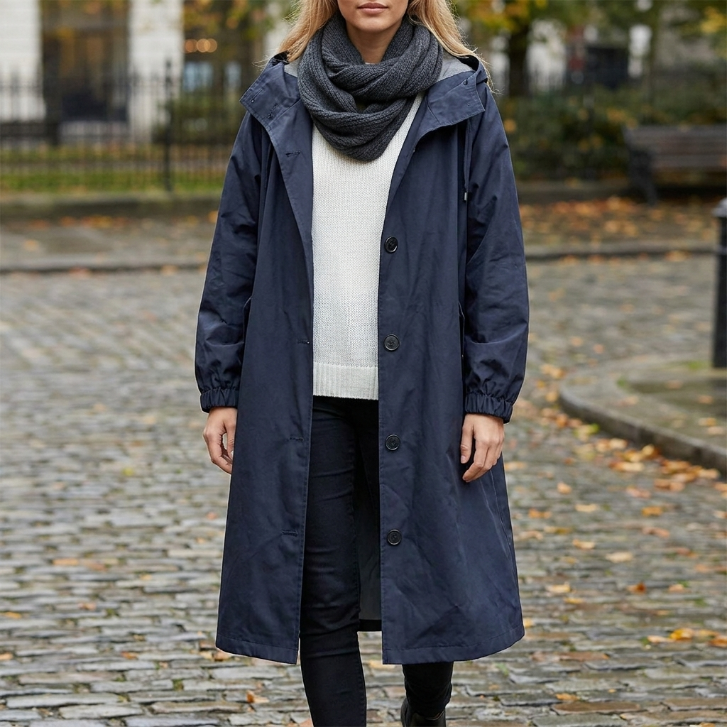 Averie - Women's Packable Hooded Rain Coat with Button Front
