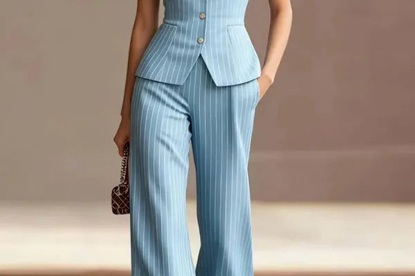 Women's Pinstripe Vest & Wide-Leg Trouser Set | Tailored Two-Piece Set