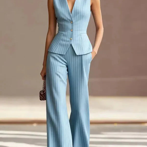 Women's Pinstripe Vest & Wide-Leg Trouser Set | Tailored Two-Piece Set