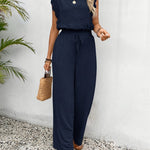 Wide-Leg Lace-Sleeve Jumpsuit - Navy Blue