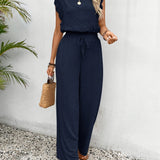 Wide-Leg Lace-Sleeve Jumpsuit - Navy Blue