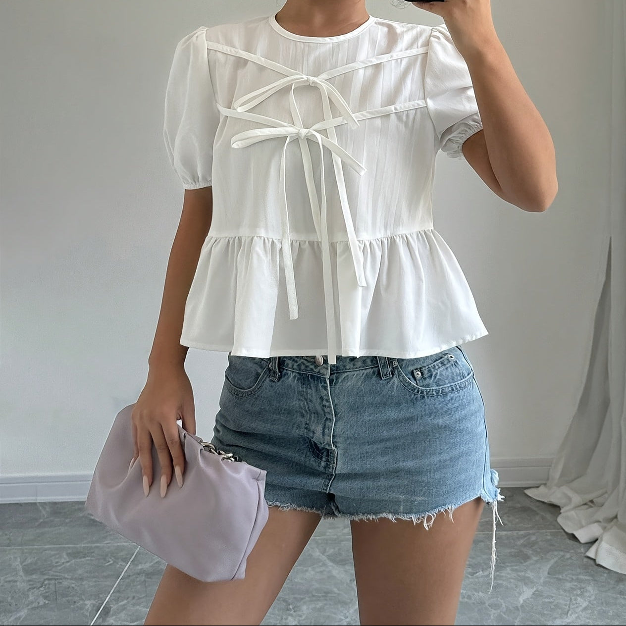 Puff Sleeve Peplum Bow Blouse back