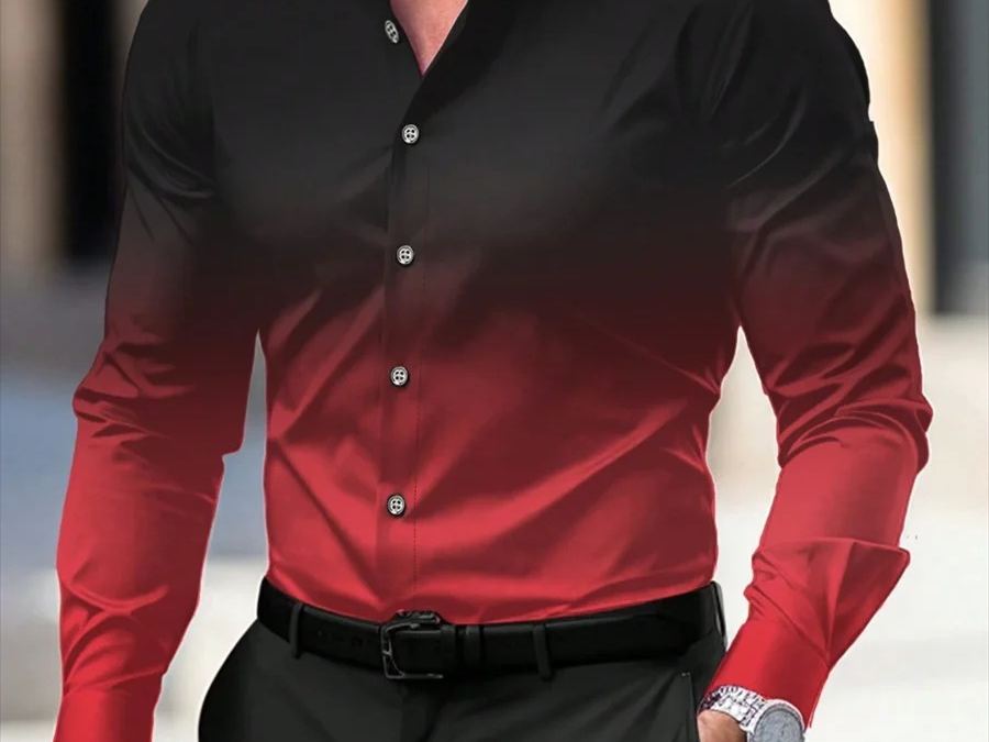Barry - Men's Long Sleeve Ombre Shirt with Classic Collar - Red