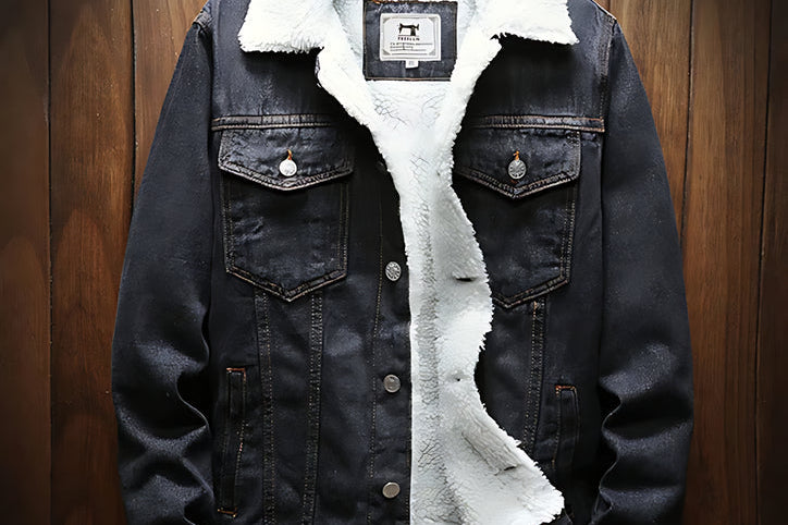 Beau - Men's Wool-Lined Denim Jacket with Solid Wash - Light Black