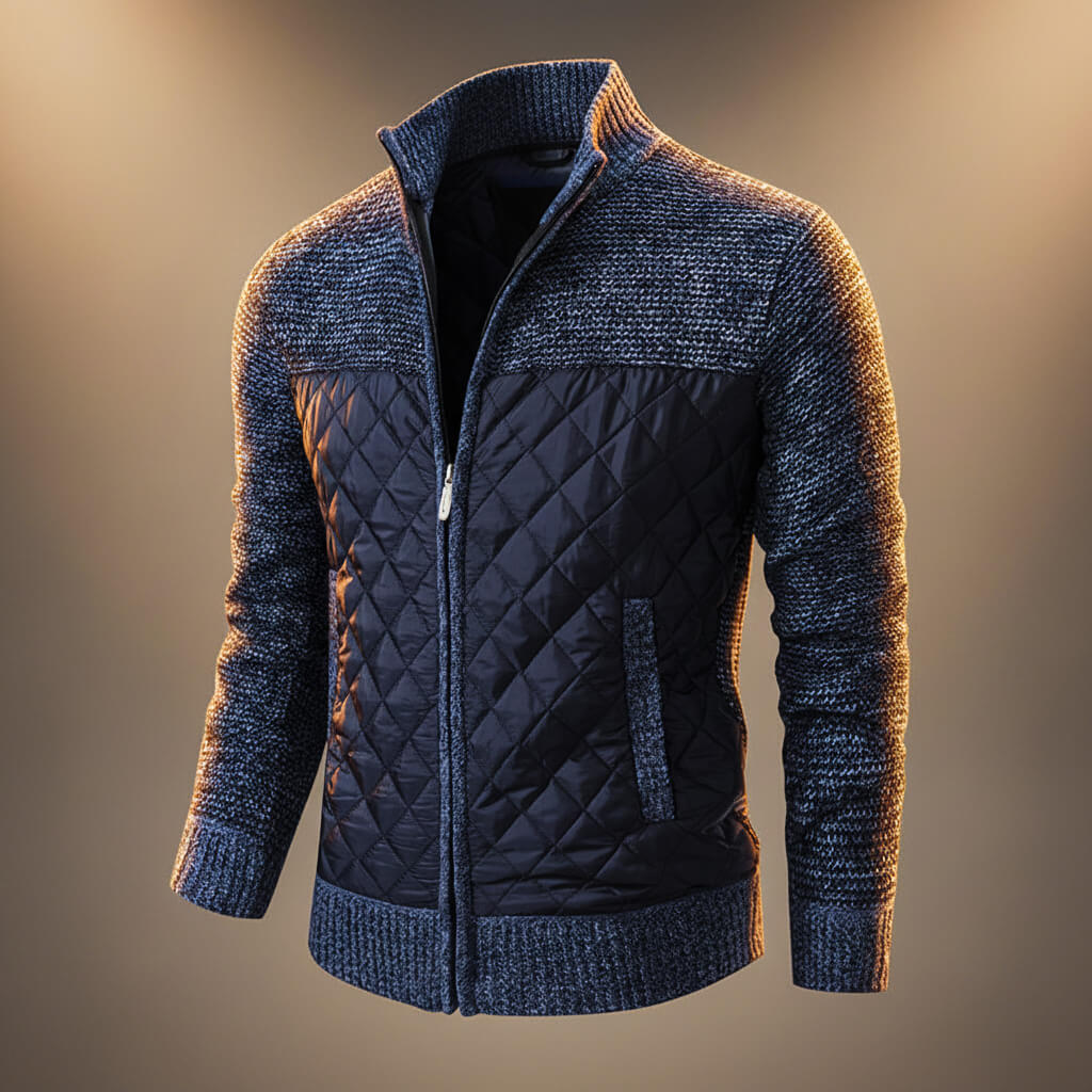 Beckett - Men's Quilted Panel Knit Zip Jacket with Stand Collar - Navy