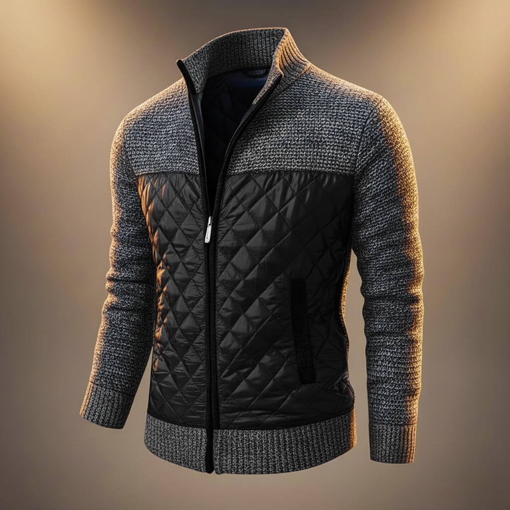Beckett - Men's Quilted Panel Knit Zip Jacket with Stand Collar - Charcoal