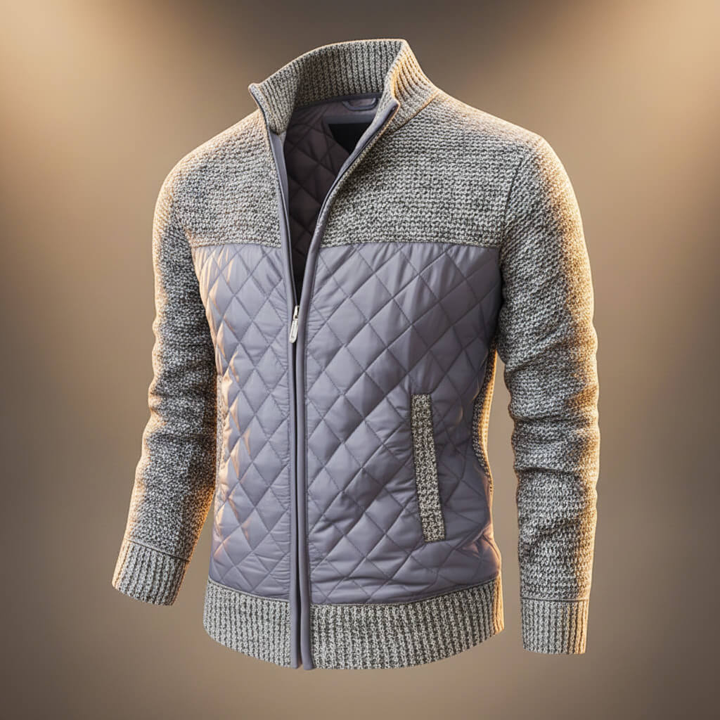 Beckett - Men's Quilted Panel Knit Zip Jacket with Stand Collar - Light Gray