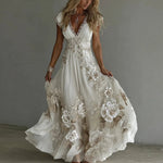 Bellamy - Women's Floral Embroidered V-Neck Flowy Maxi Dress - White