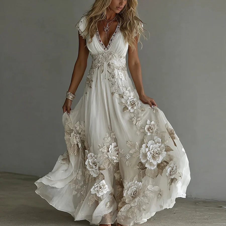 Bellamy - Women's Floral Embroidered V-Neck Flowy Maxi Dress - White