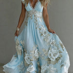 Bellamy - Women's Floral Embroidered V-Neck Flowy Maxi Dress - Light Blue