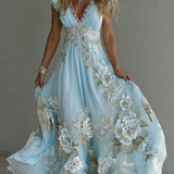 Bellamy - Women's Floral Embroidered V-Neck Flowy Maxi Dress - Light Blue
