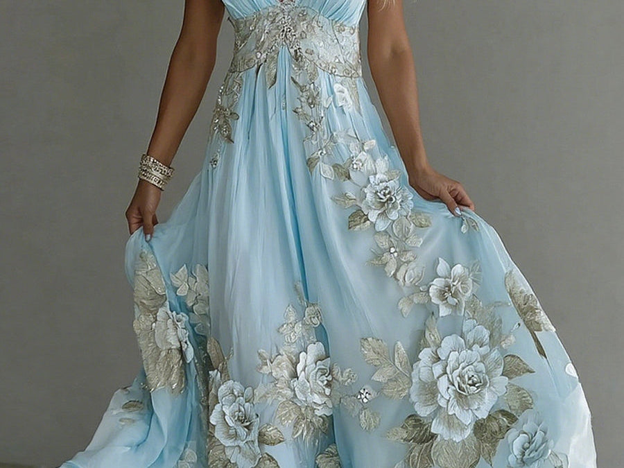 Bellamy - Women's Floral Embroidered V-Neck Flowy Maxi Dress - Light Blue