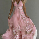 Bellamy - Women's Floral Embroidered V-Neck Flowy Maxi Dress - Pink
