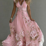 Bellamy - Women's Floral Embroidered V-Neck Flowy Maxi Dress - Pink
