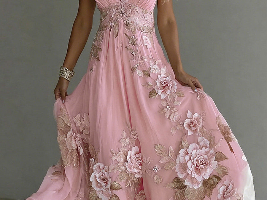 Bellamy - Women's Floral Embroidered V-Neck Flowy Maxi Dress - Pink