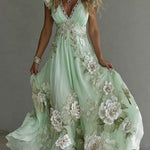 Bellamy - Women's Floral Embroidered V-Neck Flowy Maxi Dress - Mint Green